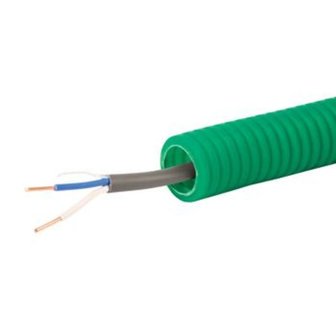 Voorbedrade Flexbuis 16 mm grijs - bedraad 2 x 0,8 mm&sup2;  bel kabel - rol &aacute; 100 meter