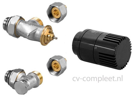 Jaga ventiel en retour ventiel M24 inclusief thermostaatknop kleur Zwart en klemkoppelingen