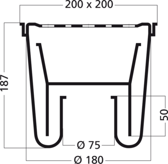 ABS schrobput 20 x 20 cm RVS rooster, onder uitlaat 75 mm