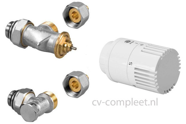 Jaga ventiel en retour ventiel M24 inclusief thermostaatknop kleur Wit en klemkoppelingen