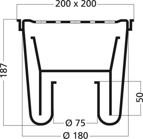 ABS schrobput 20 x 20 cm RVS rooster, onder uitlaat 75 mm