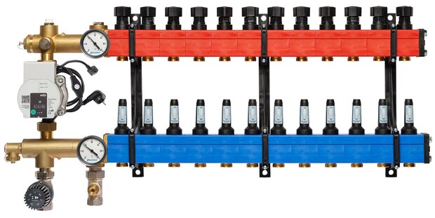 Nathan SBK 4800 - 12 groepen vloerverwarming verdeler  met debietmeters, kunststof met energiezuinige pomp