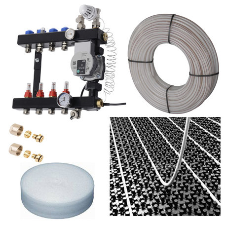 Vloerverwarming set voor 106 - 118 M2 - VTE InLine verdeler 10 groepen - compleet geleverd met noppenplaat