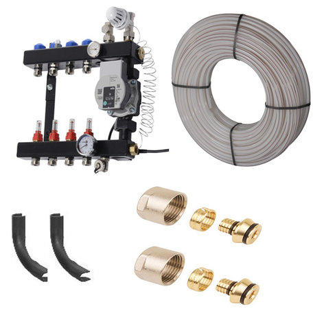 Vloerverwarming set 71 - 82  M2 - VTE In-Line verdeler 7 groepen, 7 rollen vloerverwarmingsbuis 
