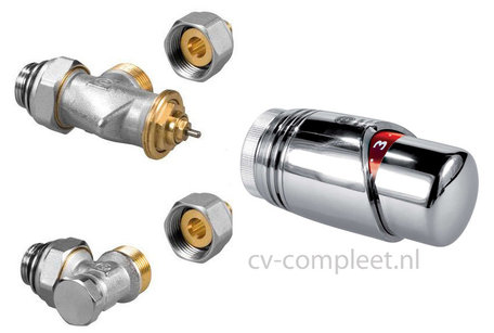 Jaga ventiel en retour ventiel M24 inclusief thermostaatknop kleur Chroom en klemkoppelingen